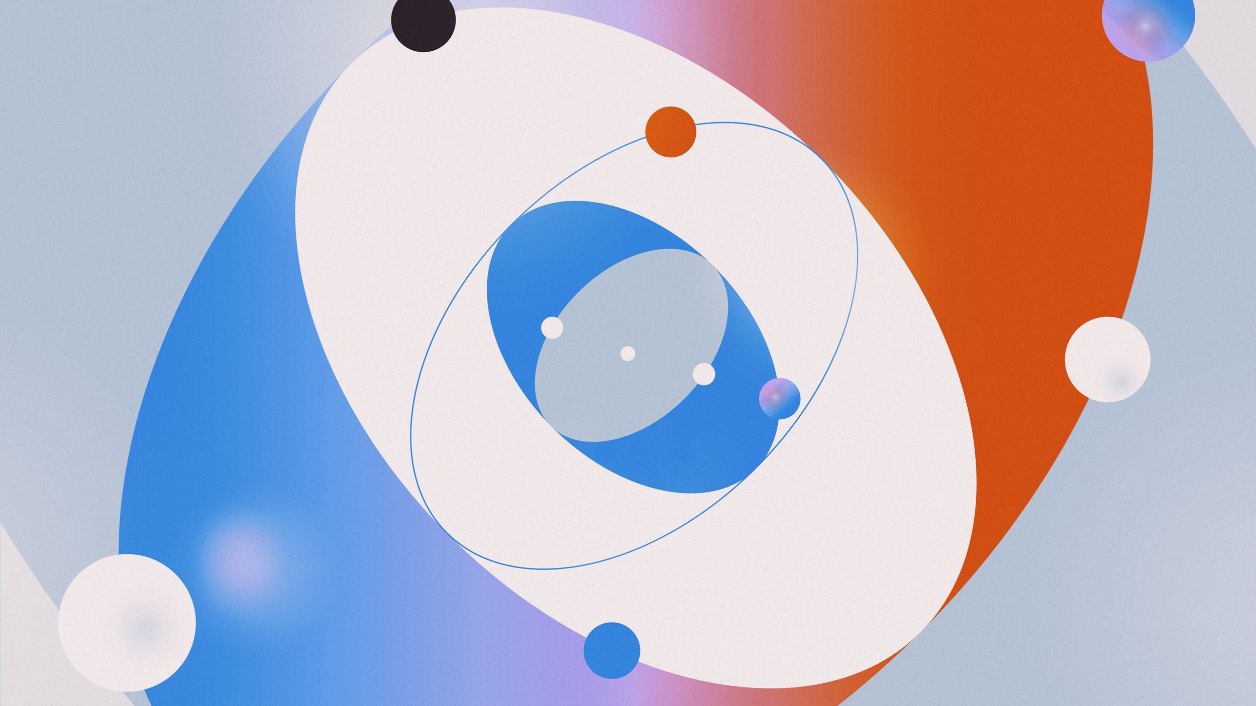 Abstract digital artwork with overlapping circles and spirals in shades of blue, orange, purple, and white.