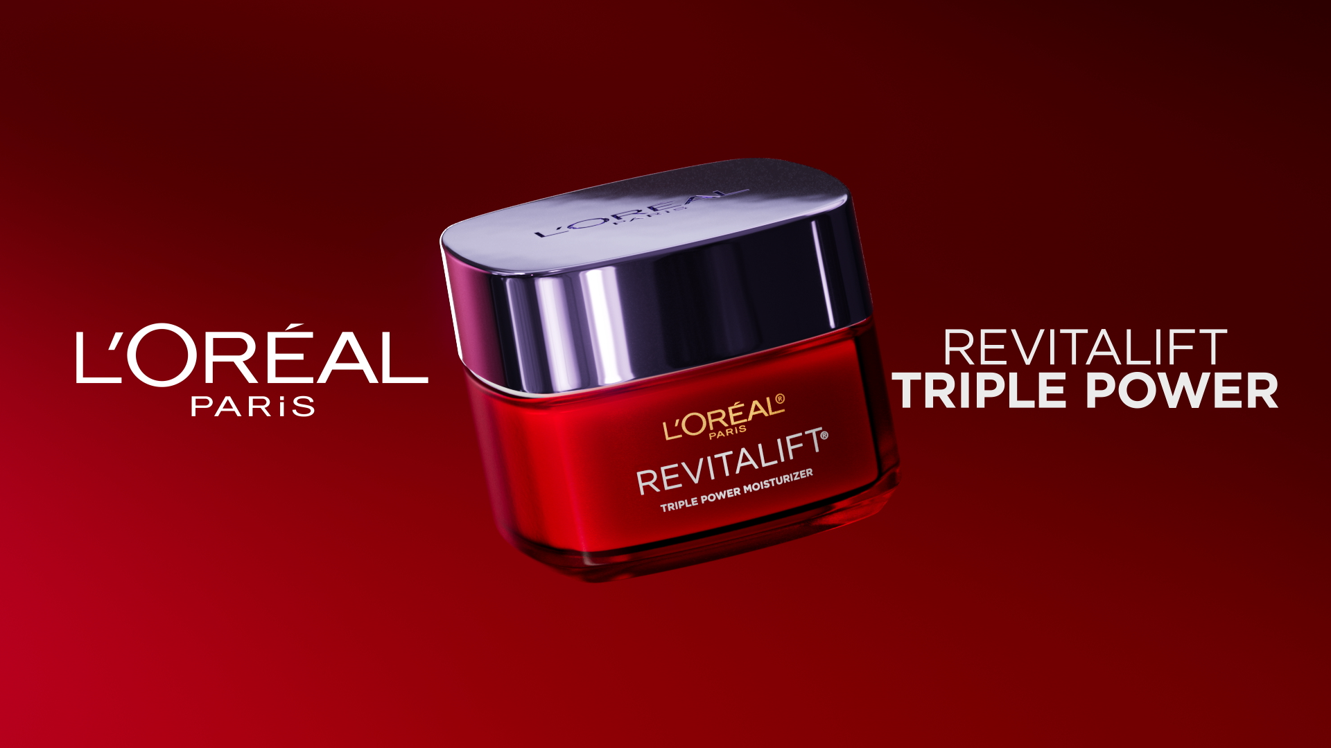 L'Oreal Revitalift Triple Power moisturizer jar on a red background with bold white and gold text.