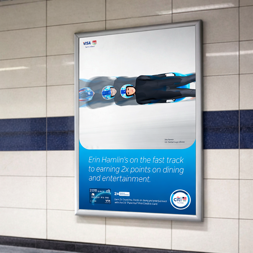An advertisement poster in an indoor setting promoting earning double points on dining and entertainment by using a Citi credit card. The poster features a person in a black outfit and a blue helmet, as well as a smaller image of the person in a different helmet, possibly illustrating a racing or sports activity.