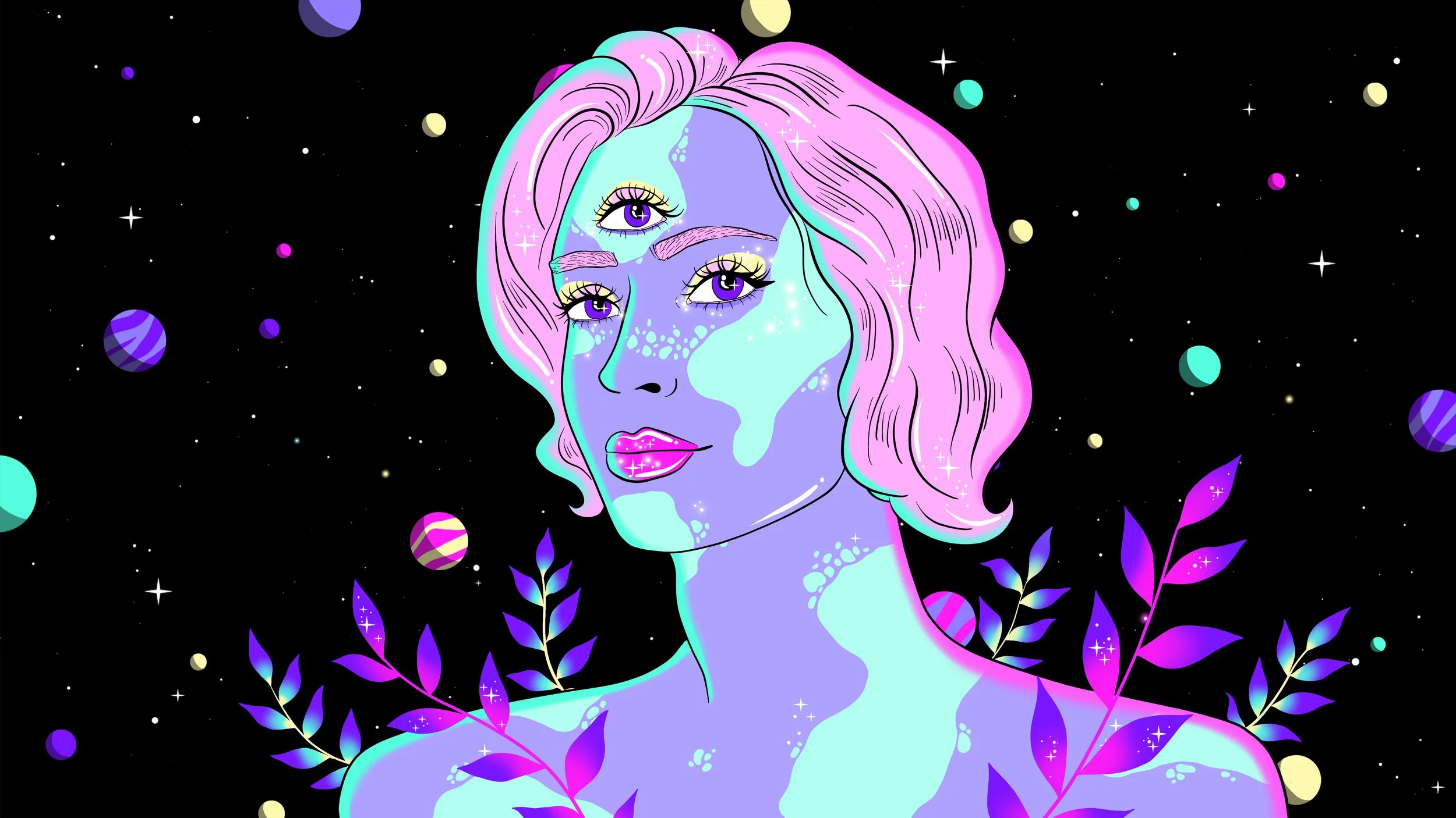 A digital illustration of a woman with three purple eyes, pink hair, and a cosmic-themed background with planets, stars, and purple leaves.