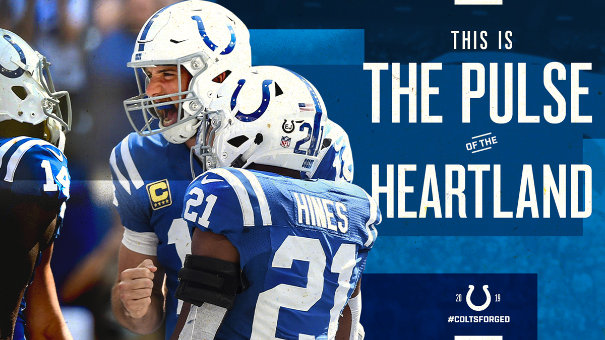 Indianapolis Colts football players celebrating on the field, wearing blue jerseys and white helmets with blue horseshoe logos, with a text overlay reading 'This is the pulse of the heartland' and the Colts logo.