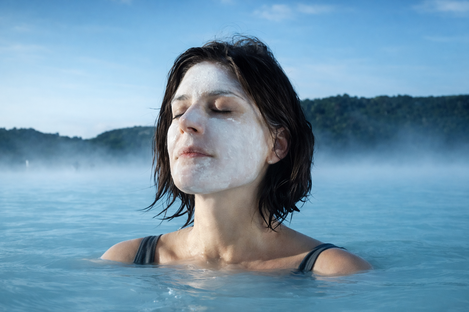 A woman with wet dark hair and her eyes closed, submerged in water up to her shoulders, with The Blue Lagoon, Iceland, in the background.