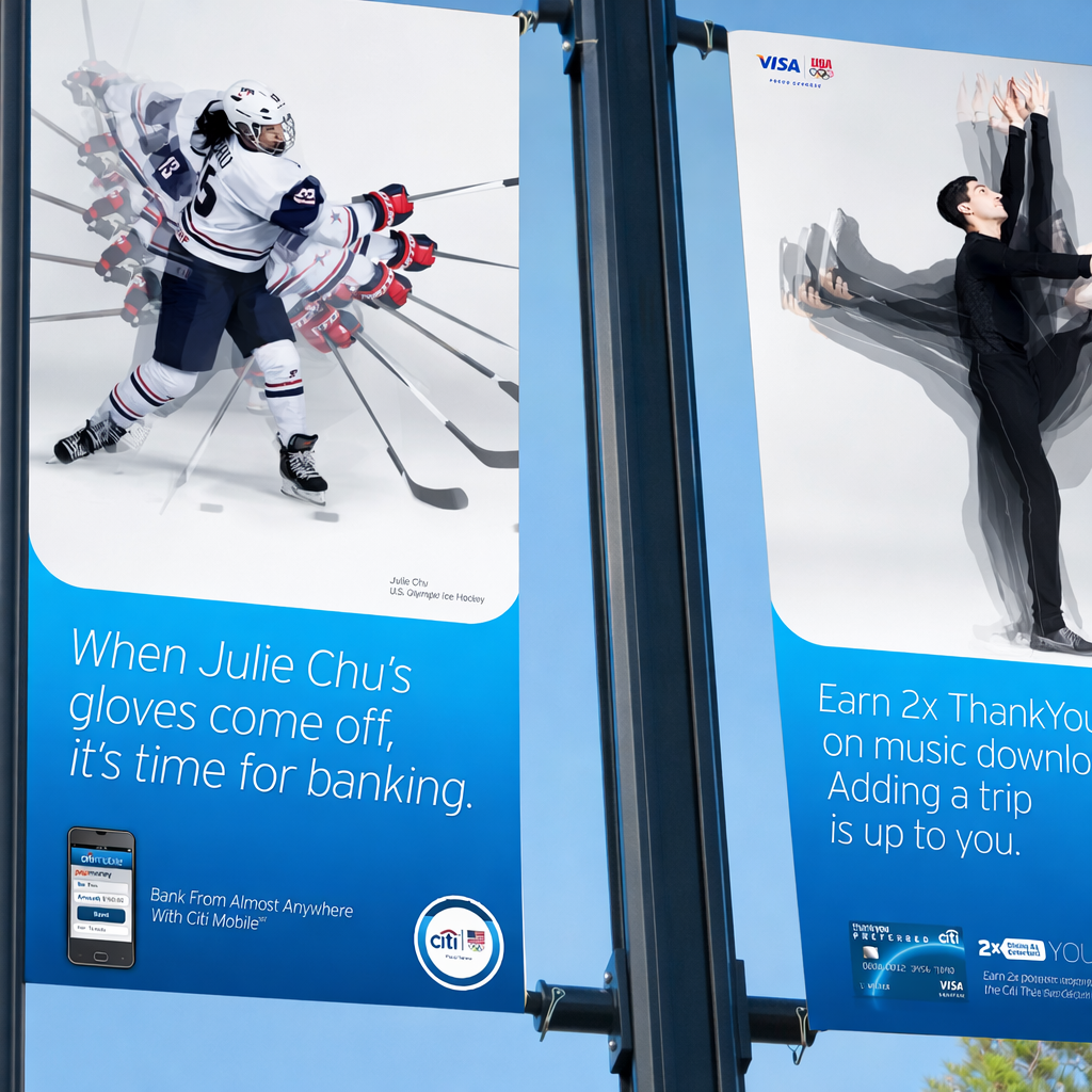 Two advertisement posters, with the left showing a hockey player in uniform skating on ice, and the right showing a person in black clothing leaning against a wall as if they are stretching. The left poster promotes banking with Citi Mobile, mentioning Julie Chu, a U.S. Olympic ice hockey player, and the right poster promotes earning double credit card reward points for music downloads.