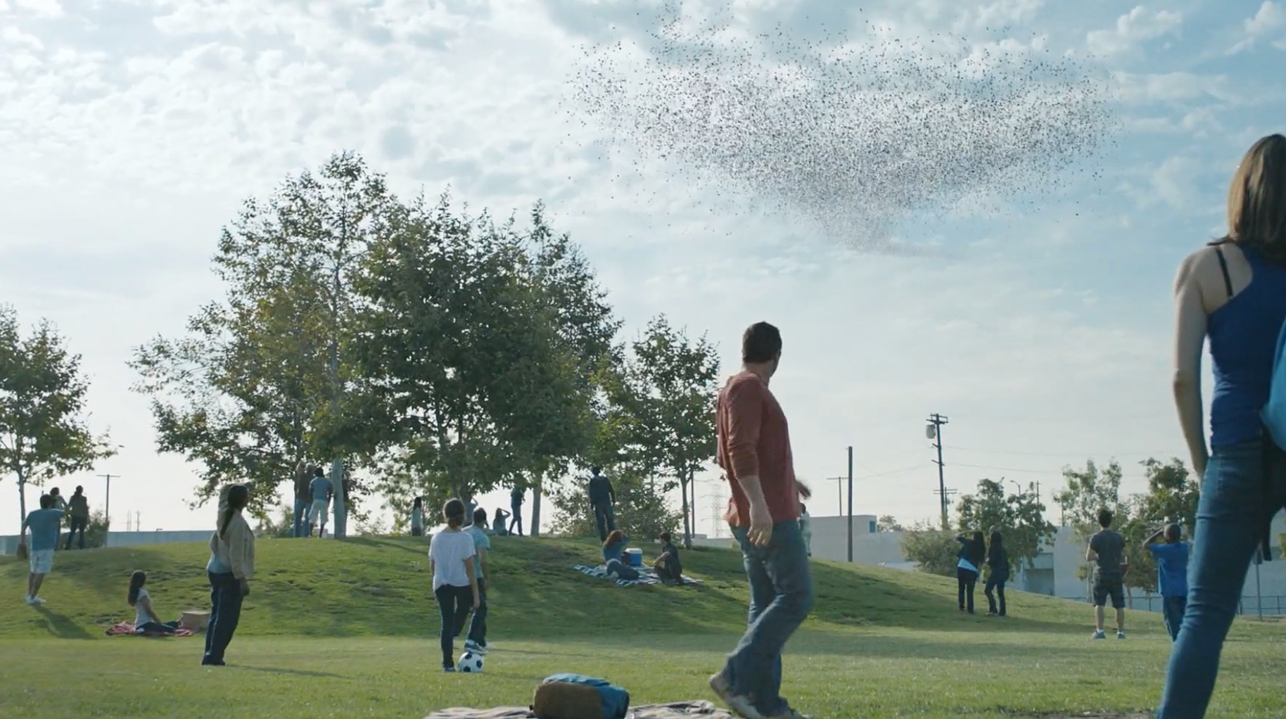 People playing in a park as a large flock of birds flies overhead, creating a murmuration, on a partly cloudy day.