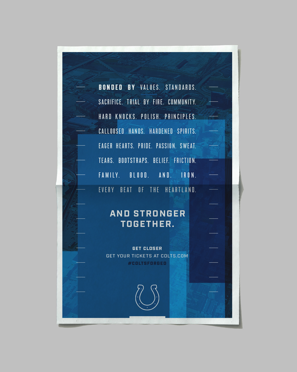 A newspaper or flyer with a blue background featuring the Indianapolis Colts logo at the bottom. The text emphasizes values like sacrifice, hard work, pride, and unity, and encourages support for the team with a call to action to get tickets at colts.com.