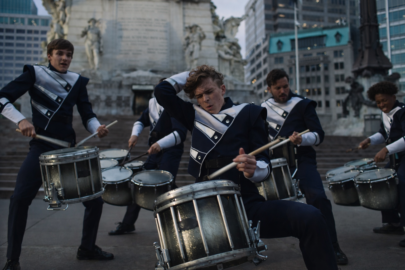 Group of young drum performers dressed in matching navy and white uniforms, playing drums in an urban outdoor setting with stairs and city buildings in the background.