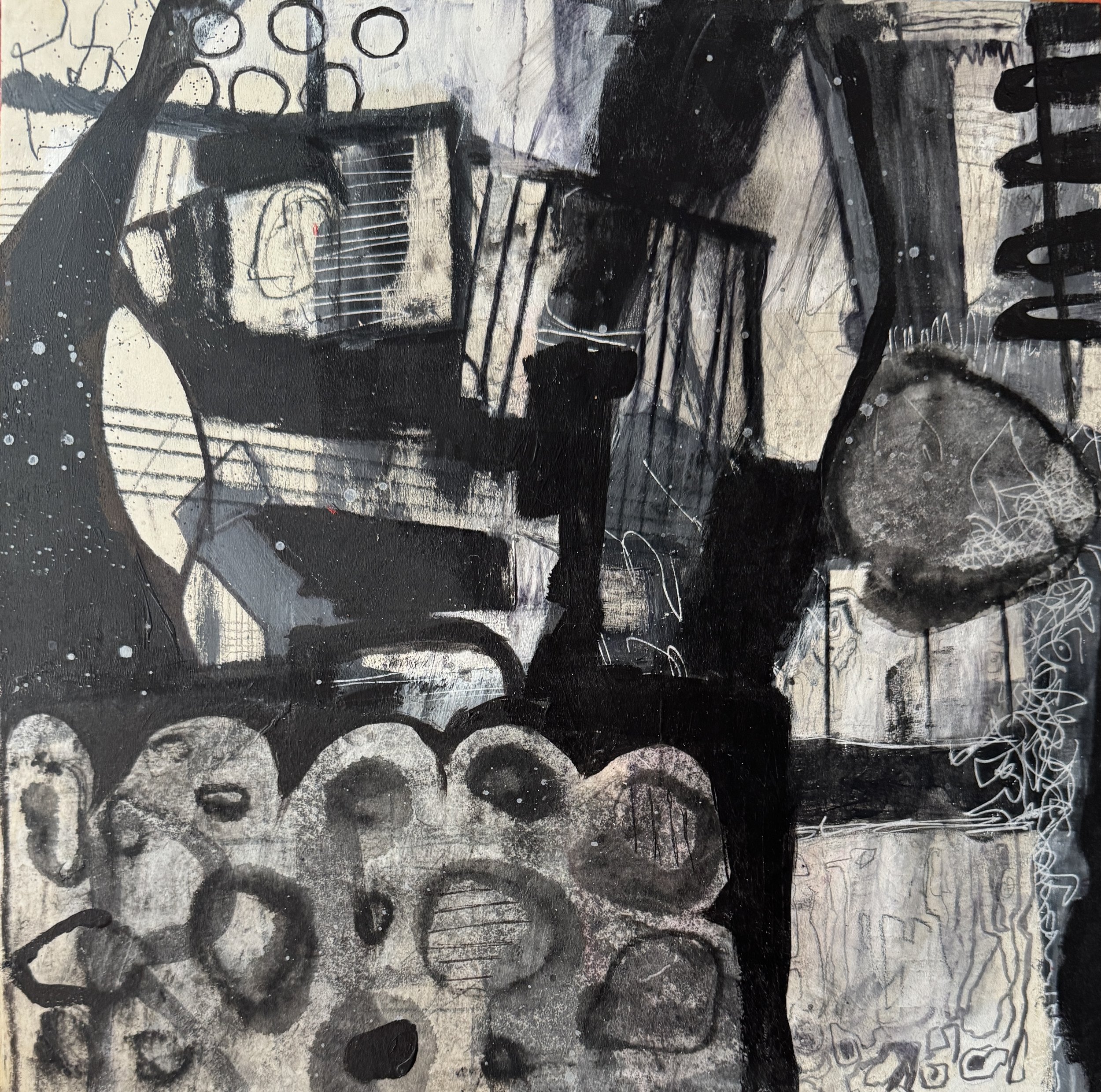 "NATHALIE'S YARD" 2025 12x12 Acrylic, collage, charcoal on wood panel