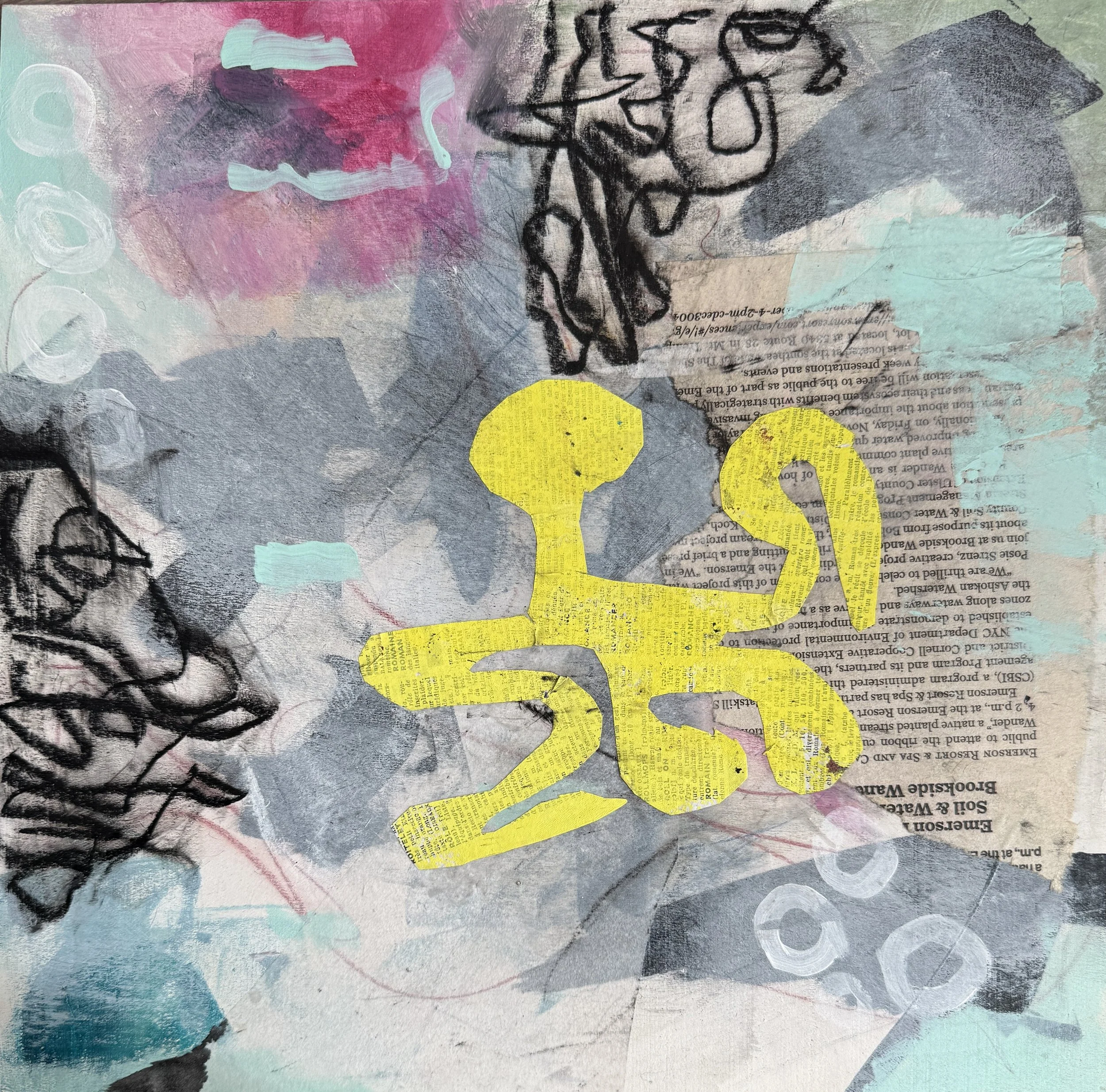 "GLOW WORM" 2026 12x12 acrylic and collage on wood panel