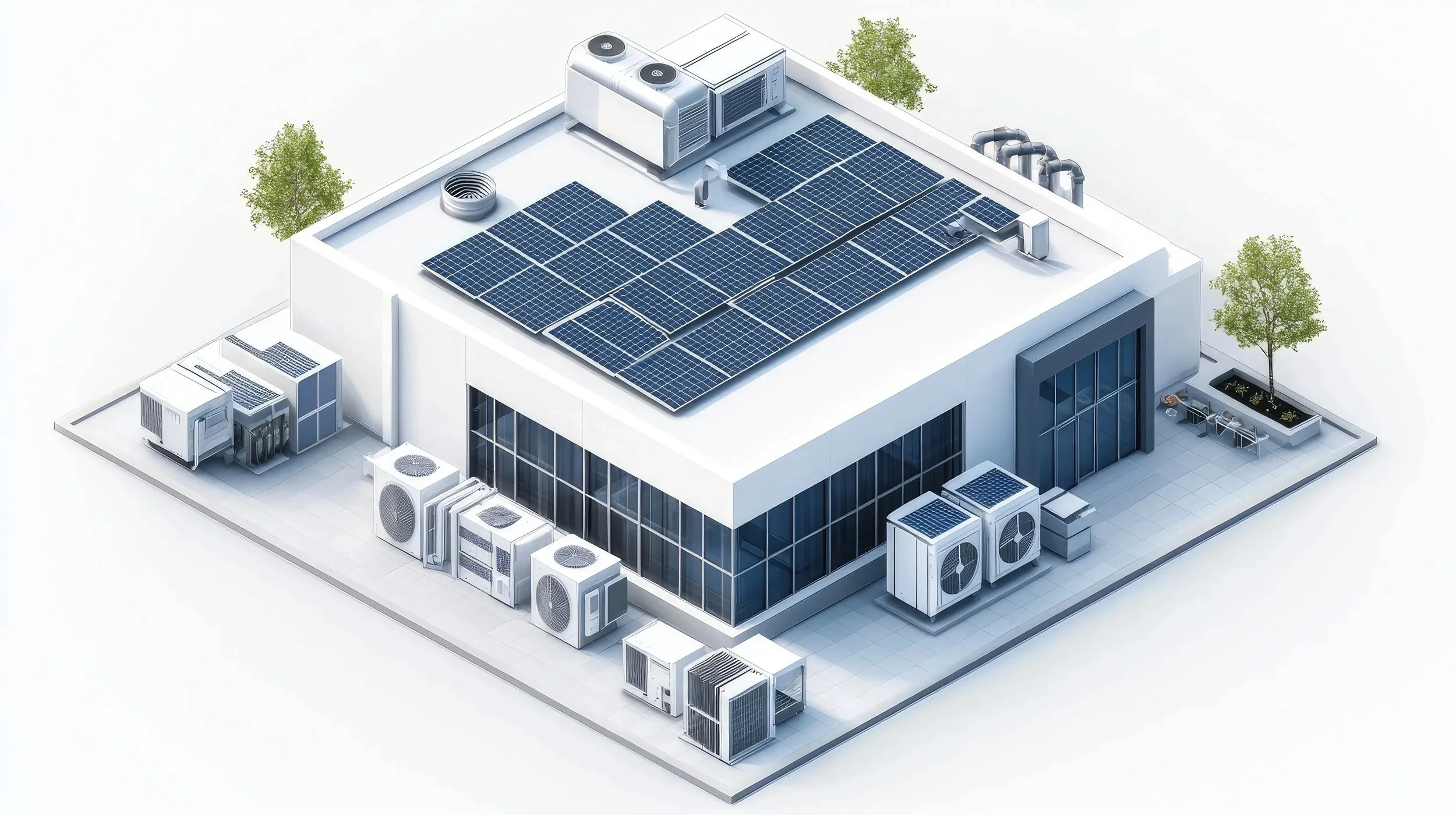 A modern building with solar panels on the roof, surrounded by air conditioning units and ventilation systems, with small trees and outdoor furniture on the terrace.