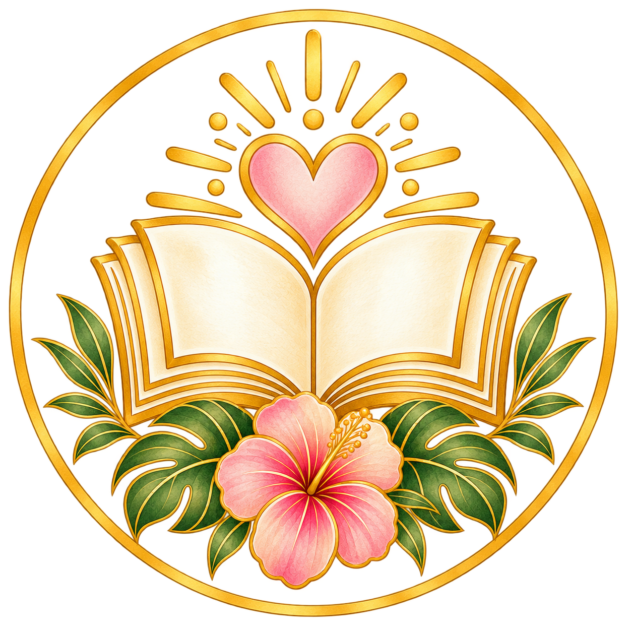 Open book with heart, hibiscus, and tropical leaves.