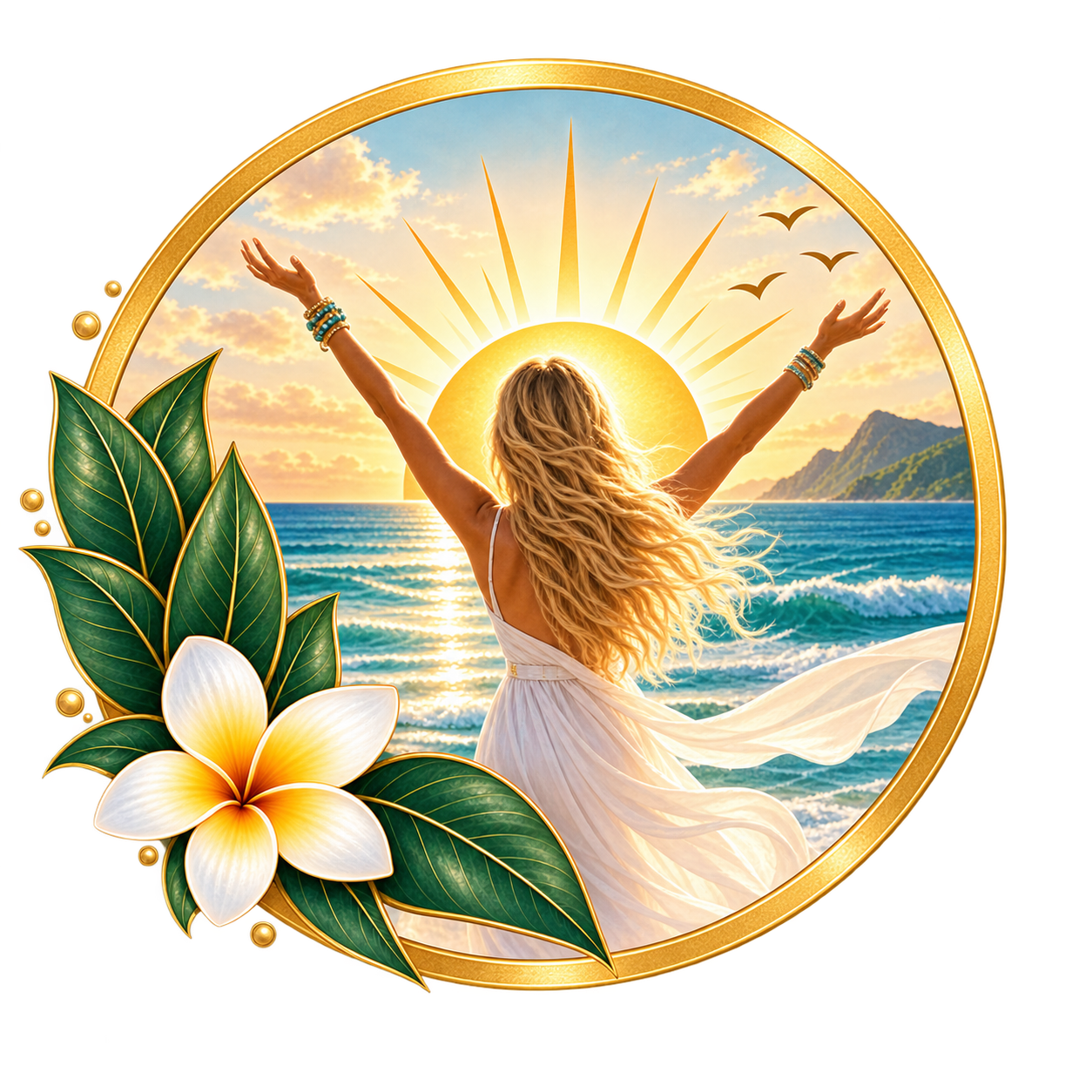 Woman facing the ocean sunrise with arms raised, representing empowerment and positive change.