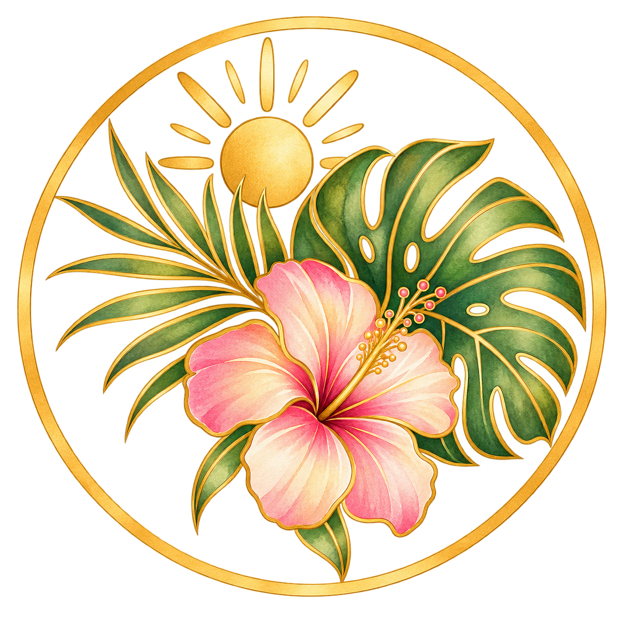 Sun and hibiscus surrounded by tropical leaves.