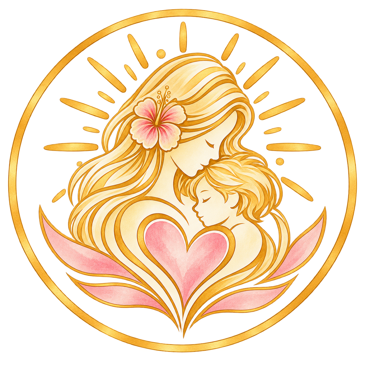 Mother and child symbol surrounded by a heart and flowers.