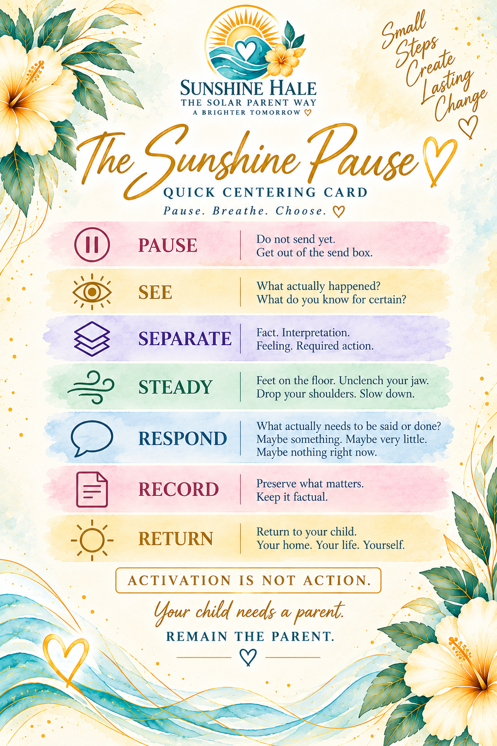 The Sunshine Pause Quick Centering Card with Pause, See, Separate, Steady, Respond, Record, and Return
