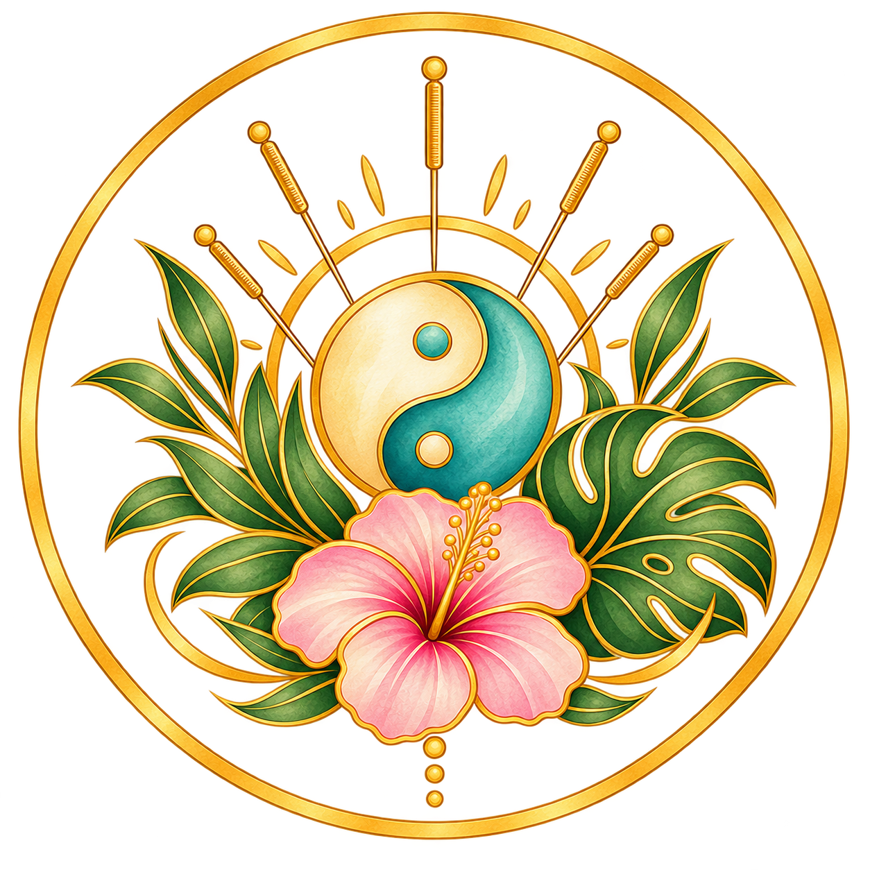Acupuncture symbol with hibiscus and tropical leaves.