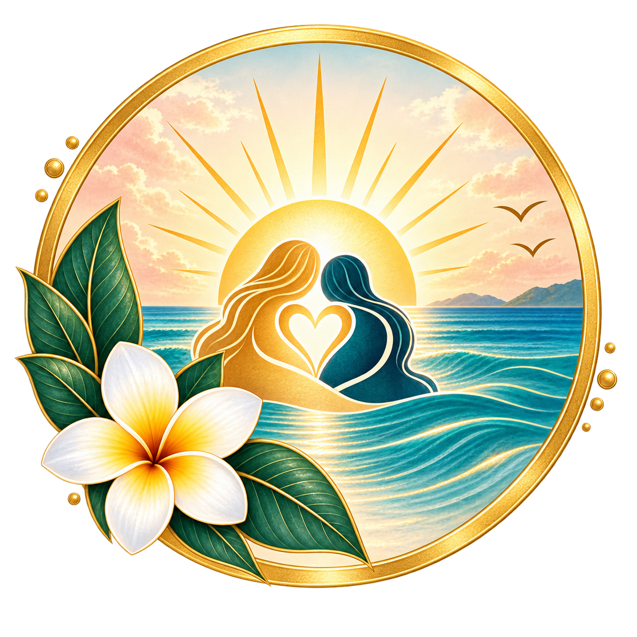 Two figures connected by a heart at sunrise, representing support and feeling less alone.