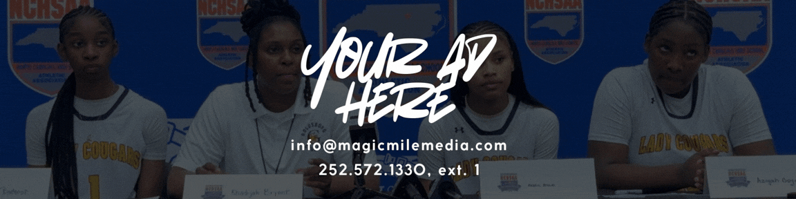 Four young girls seated at a table during a press conference or event, with a blue backdrop and logos, and a prominent overlay text that says 'Your Ad Here' along with contact information.