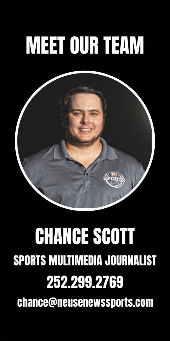Business card featuring a man in a gray polo shirt with a sports logo, smiling, with the text "Meet Our Team" above and the name Chance Scott, a sports multimedia journalist, below, along with contact details.
