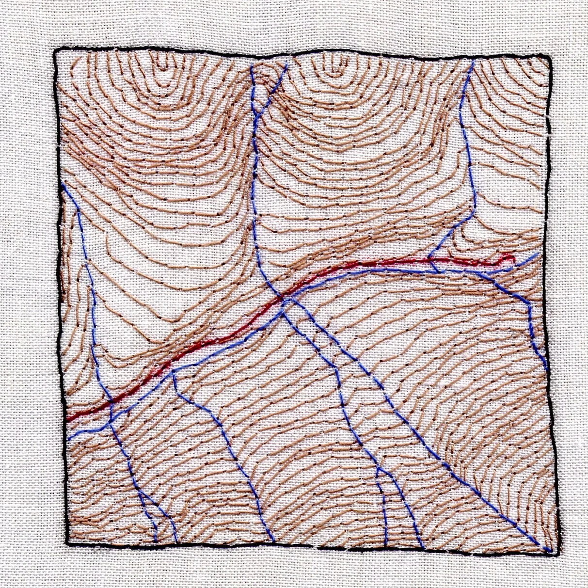 tracing a line-Nakusp Hot Springs, embroidery on linen, 8x8cm, Marion Nicoll Gallery, 2006