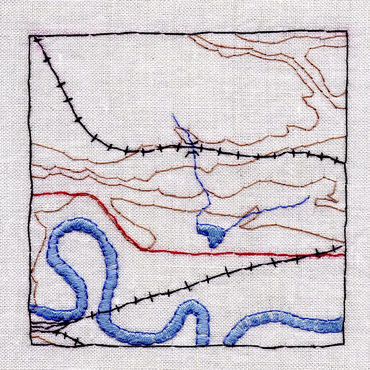 tracing a line-N of Brandon, embroidery on linen, 8x8cm, Marion Nicoll Gallery, 2006