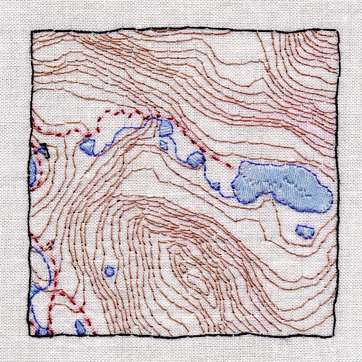 tracing a line-Lake Oesa, embroidery on linen, 8x8cm, Marion Nicoll Gallery, 2006