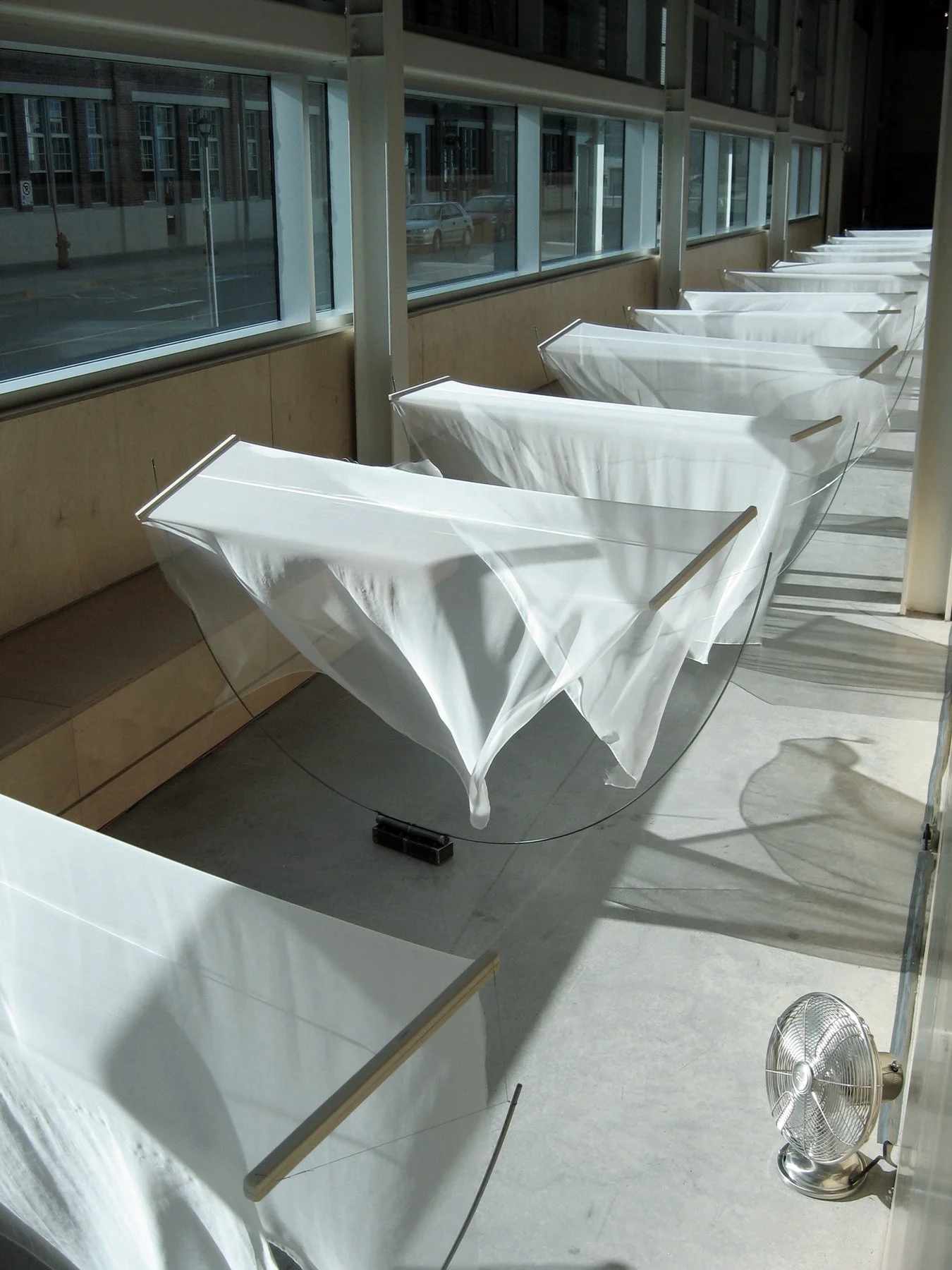 Slip, silk, wood, steel, oscillating fans, Port Loggia Gallery, Halifax, 2010