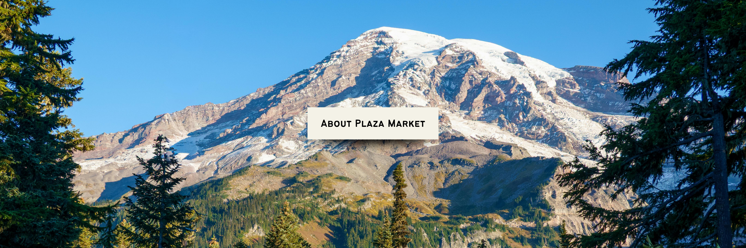 Snow-capped mountain peak behind green pine trees with a sign that reads 'About Plaza Market' in the foreground.