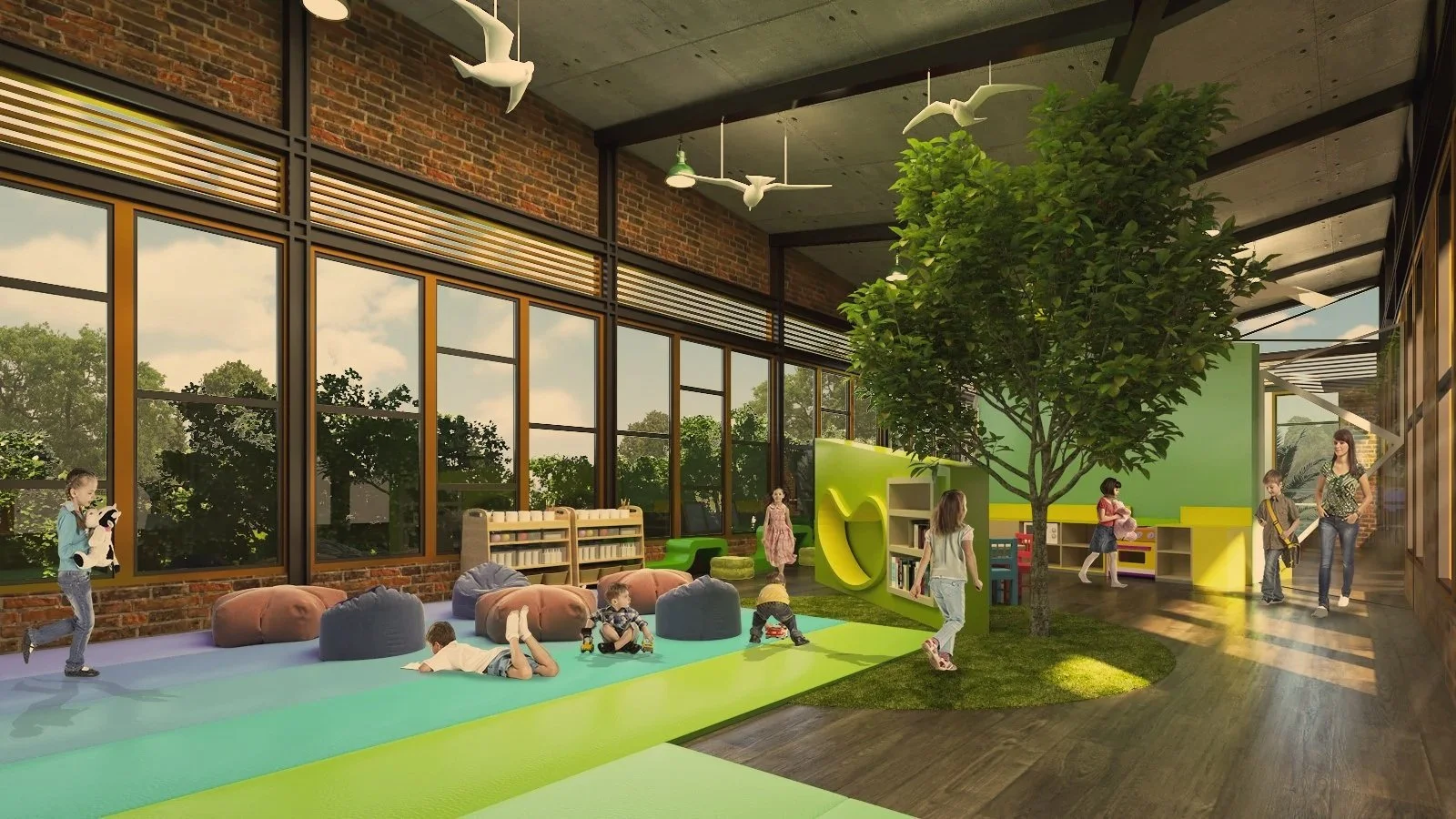 Espacio interior para niños con área de juegos, árboles artificiales, estanterías con libros, y niños jugando con una maestra, en un ambiente luminoso y moderno.