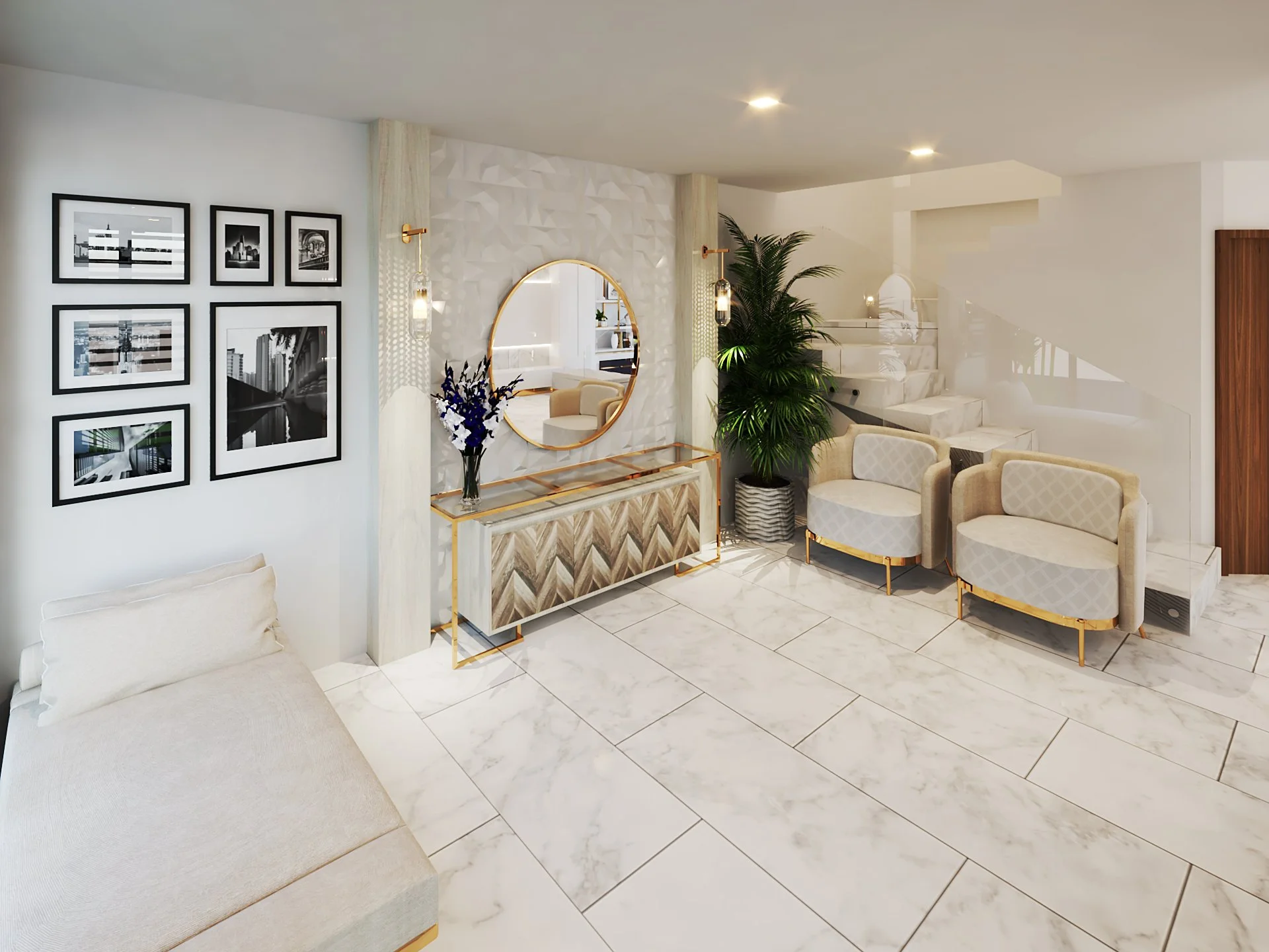 Sala de estar moderna con sillones beige, mesa de consola con espejo redondo y plantas verdes, paredes blancas con cuadros decorativos en blanco y negro, suelo de mármol blanco.