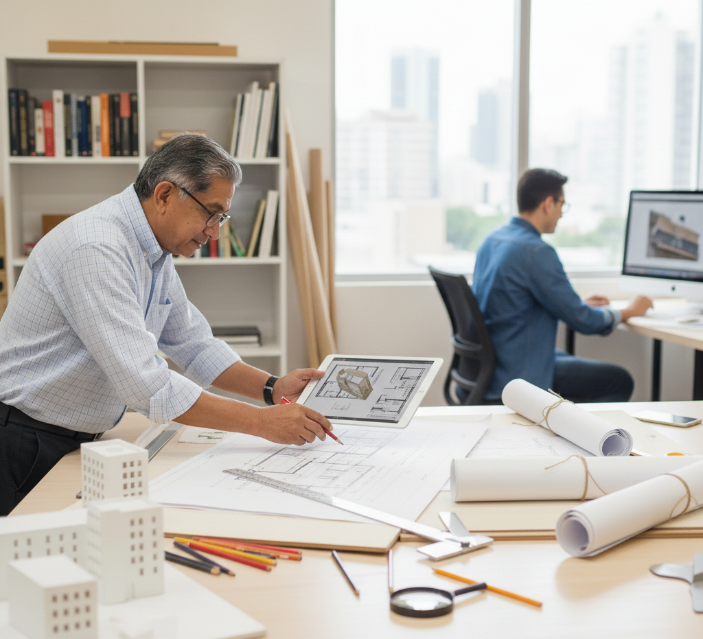 Dos arquitectos trabajando en un estudio, uno revisando planos y otro en una computadora, con planos, modelos y libros en el escritorio y estanterías al fondo.