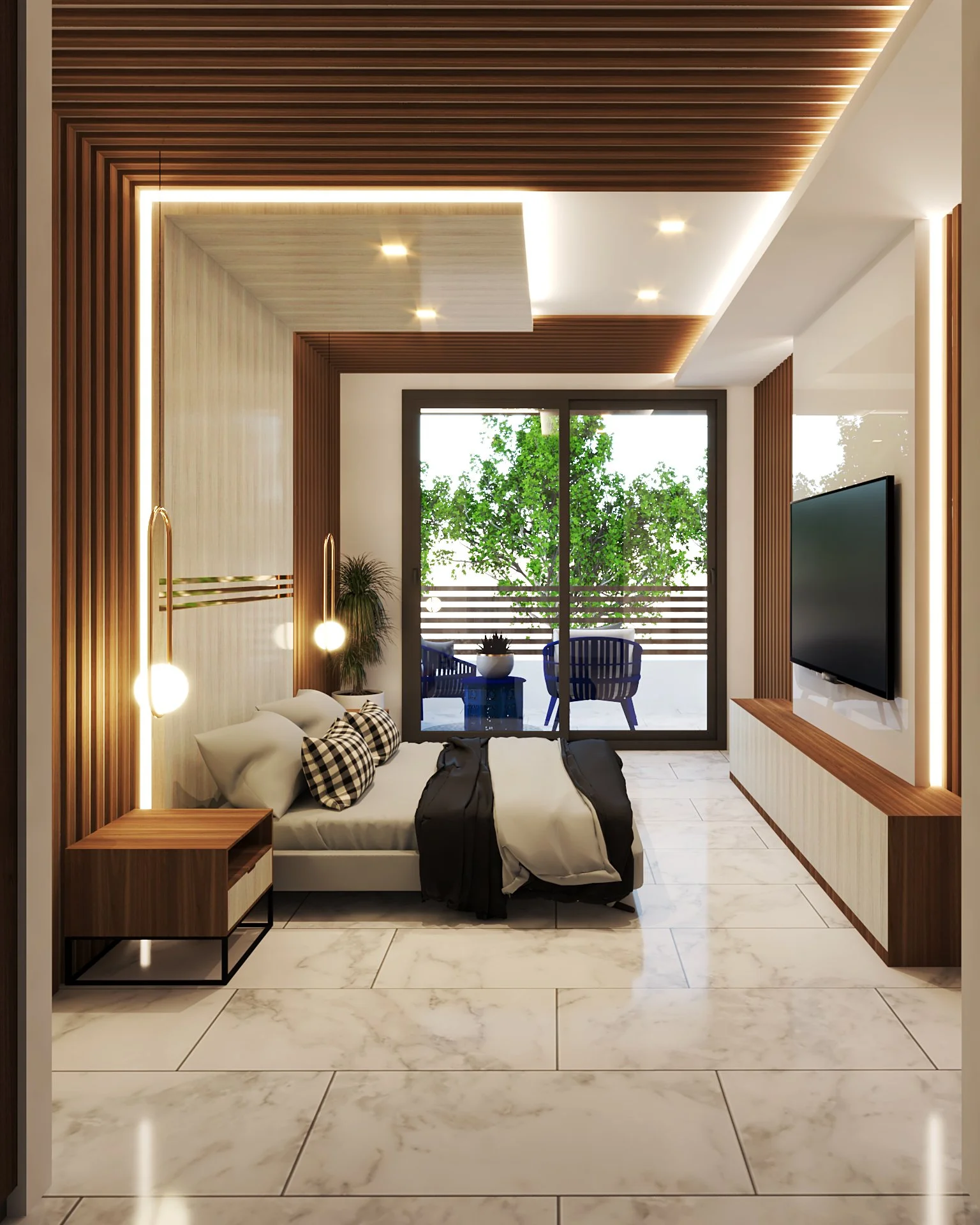 Habitación moderna con pared de madera, cama con almohadas a cuadros, vista a un balcón con sillas azules y plantas, televisión en la pared, suelo de mármol, iluminación cálida.
