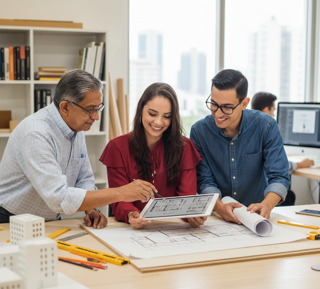 Tres personas conversando y revisando un plano en una mesa de oficina, con documentos y maquetas de edificios alrededor.