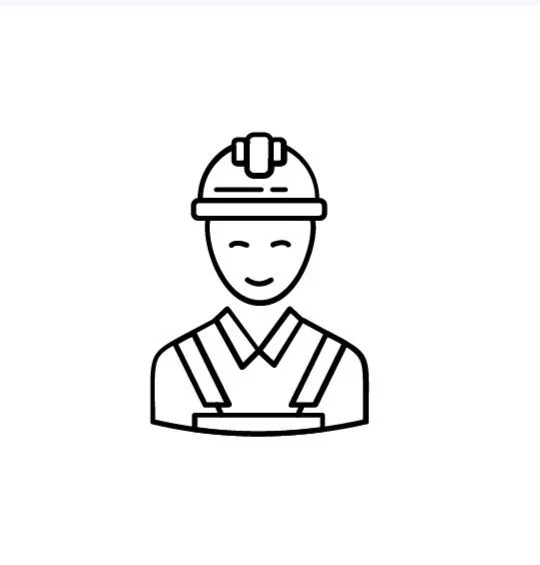 Ícono en línea de un trabajador con casco y uniforme de construcción, sonriendo.