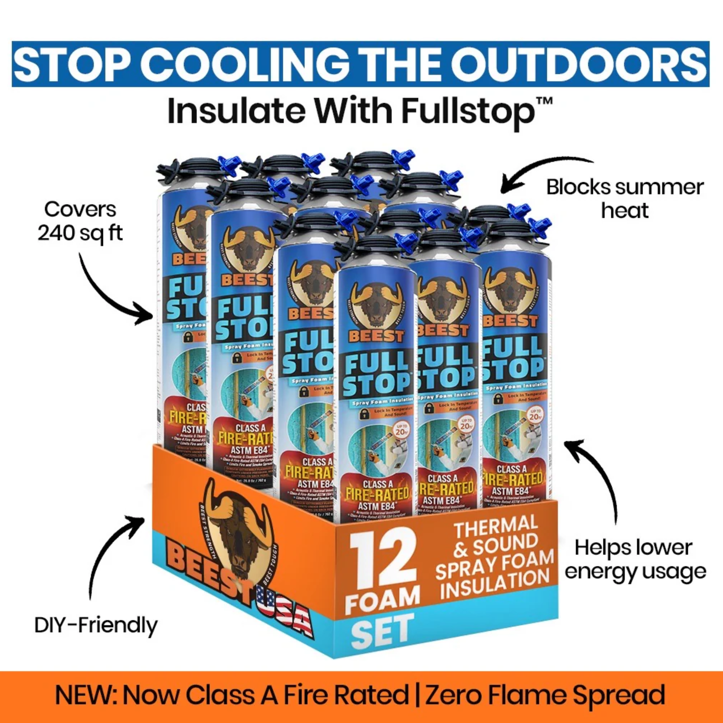 Product display for a fireproof insulation spray foam called Beest Full Stop, showing different packaging volumes with labels emphasizing ease of DIY installation, fire rating, thermal and sound insulation, and zero flame spread.