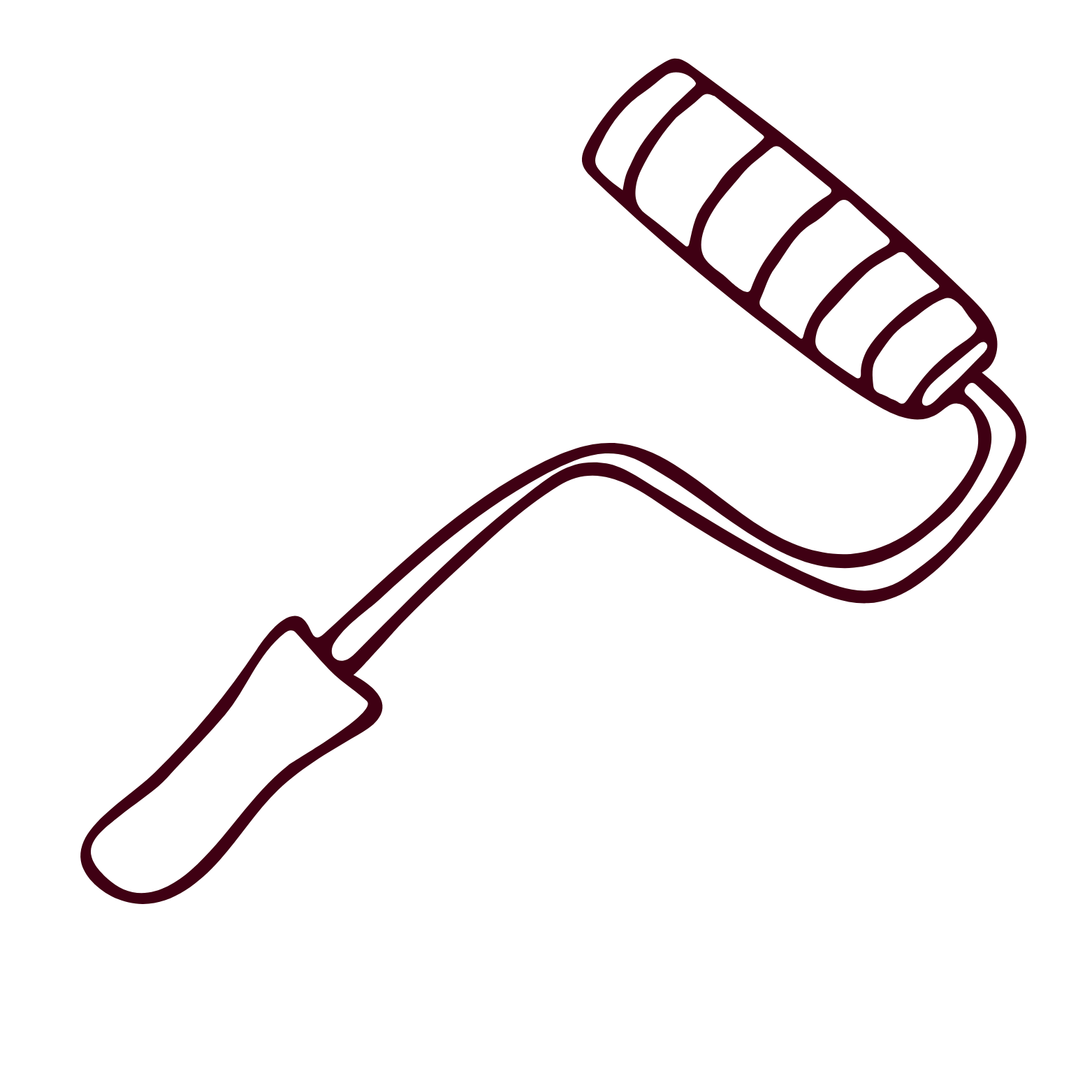 Outline of a paint roller with a textured roller surface and a handle, depicted in dark maroon against a black background.