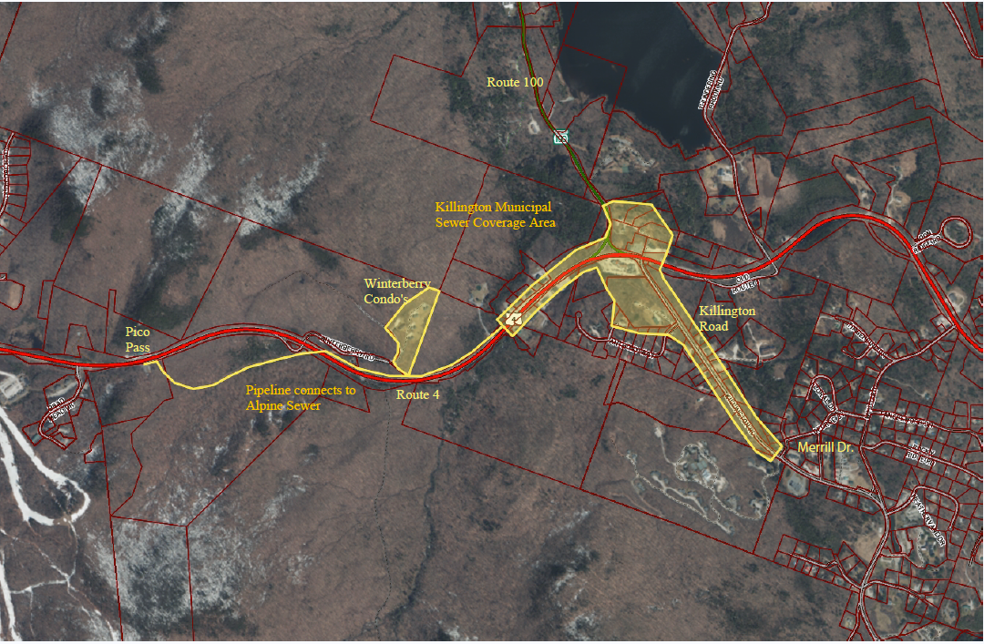 Killington Municipal sewer service area map showing Route 4 East and Killington Access Road coverage area
