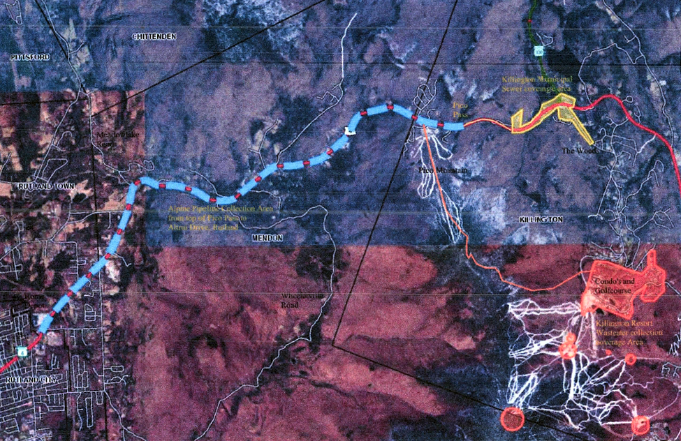 A map showing a volcanic eruption's ash and lava flow patterns, with marked locations including Ruland Town, Mendon, Killington, and notable areas like Alpine Pineula Collection Area and Killington Resort snow collection area.
