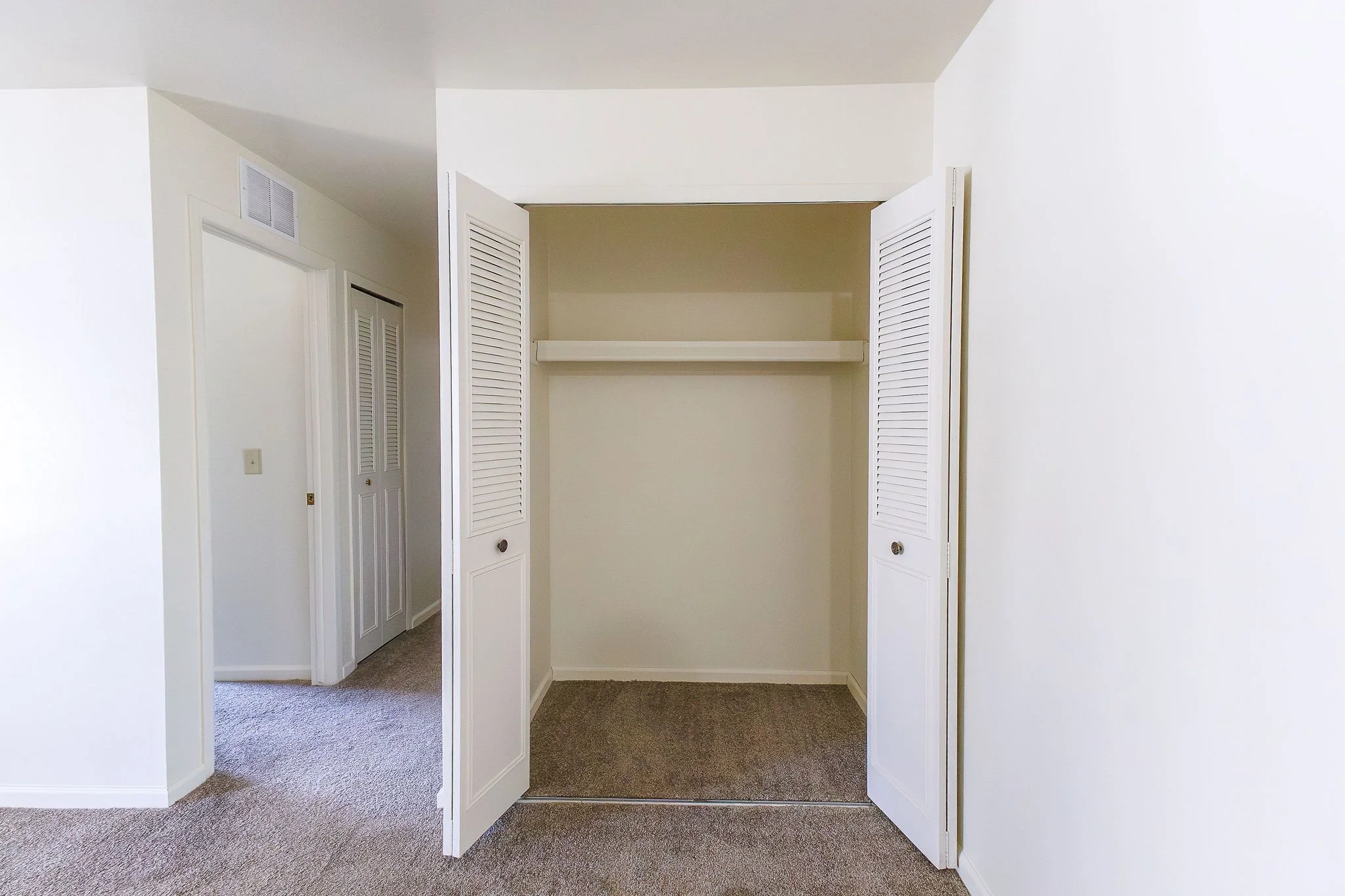 Empty closet with white bi-fold doors in a room with beige carpet and white walls.