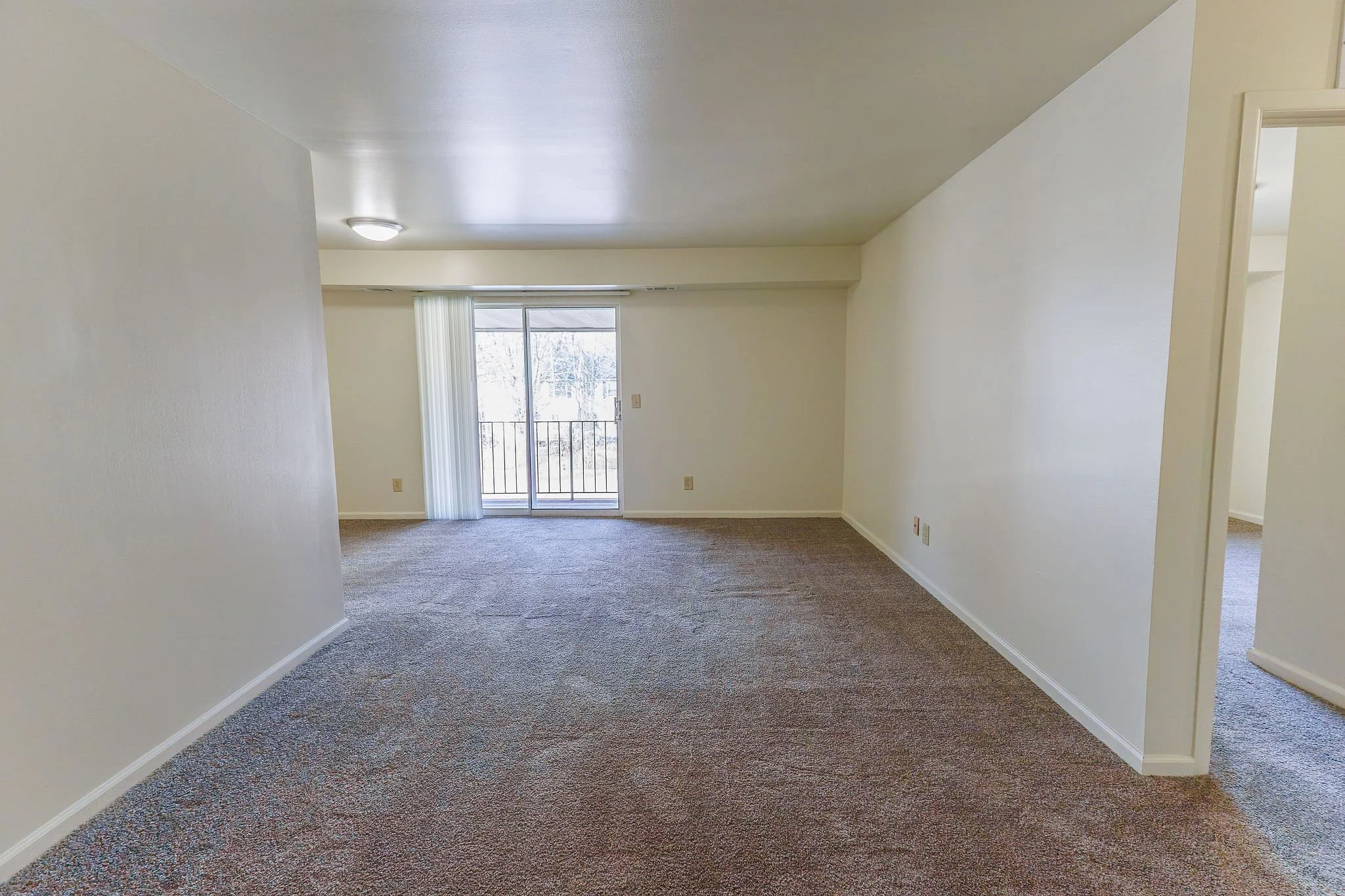 Empty living room with beige carpet, white walls, sliding glass door leading to balcony, vertical blinds, and partial view of an adjacent room.