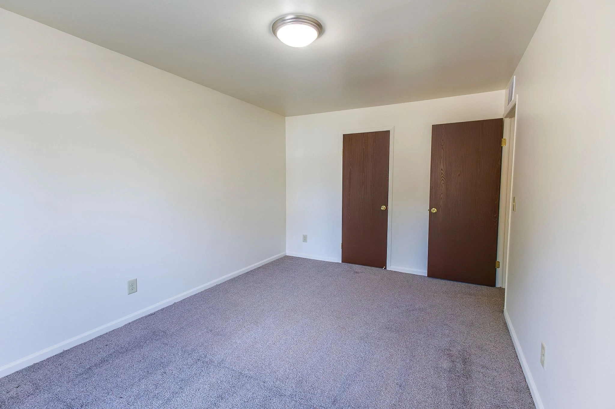 Empty beige-carpeted room with white walls, two closed wooden doors, and ceiling light