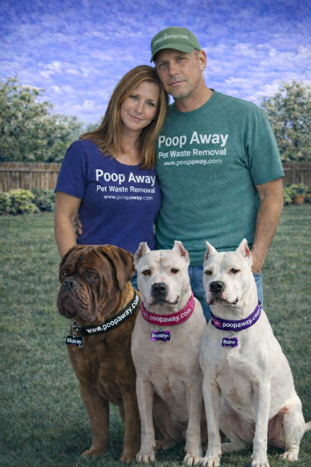 Owners of Poop Away pet waste removal service standing in backyard with three dogs, Raleigh North Carolina
