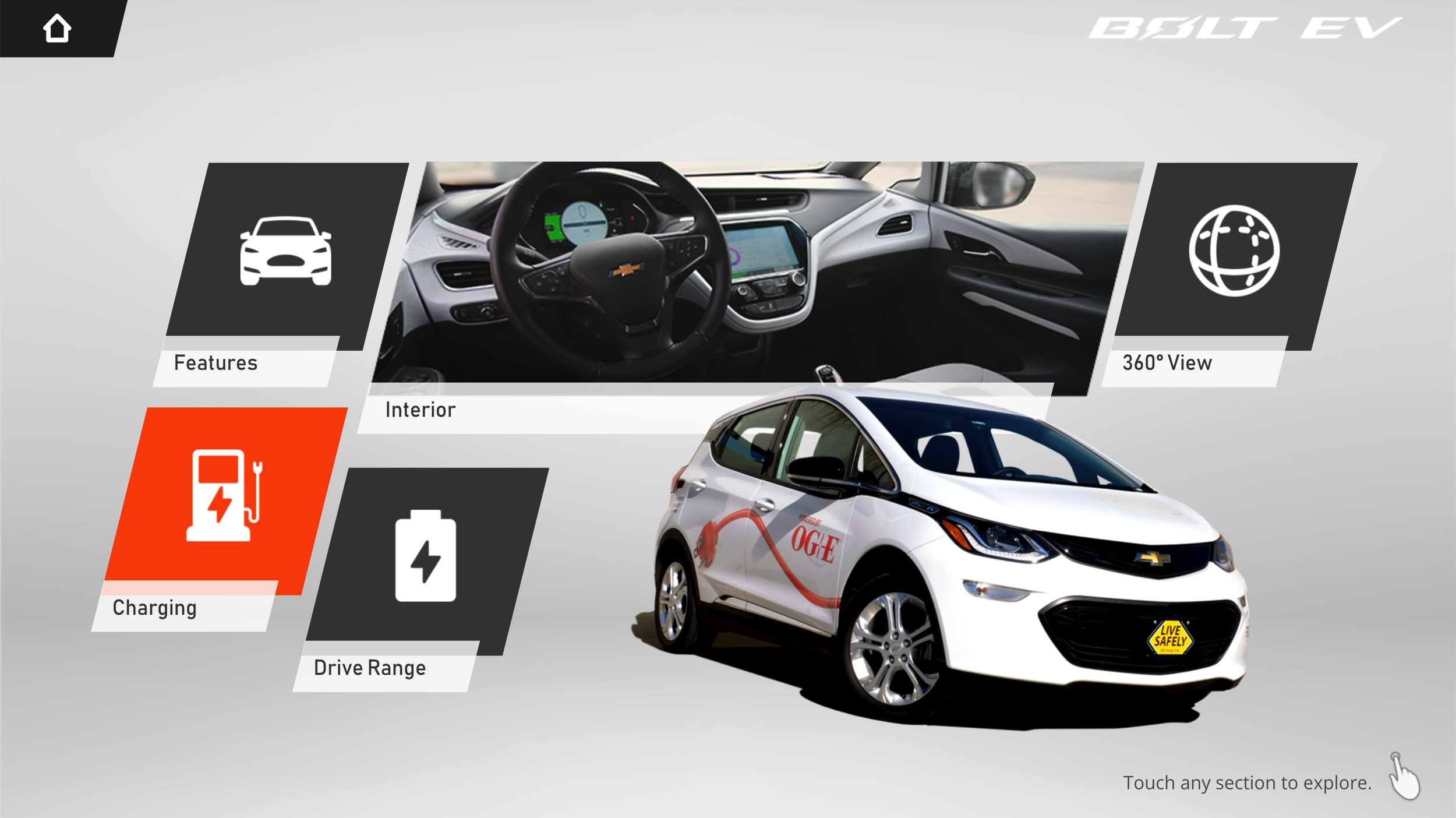A digital interface for a Chevrolet Bolt EV electric vehicle displaying options for features, interior, 360-degree view, charging, and drive range, with a photo of the car and interior.