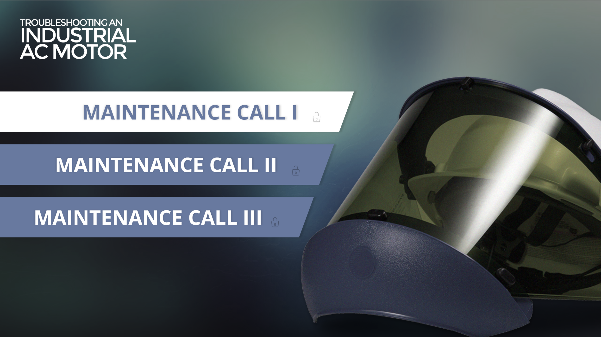 'Troubleshooting an Industrial AC Motor' eLearning menu page with three maintenance call options.