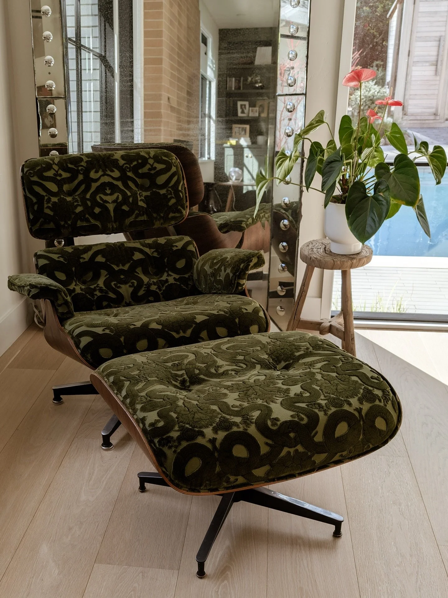 Vintage 1960s Eames Lounge Chair &amp; Ottoman reupholstered in House of Hackney Anaconda fabric. @houseofhackney Love, love, love.