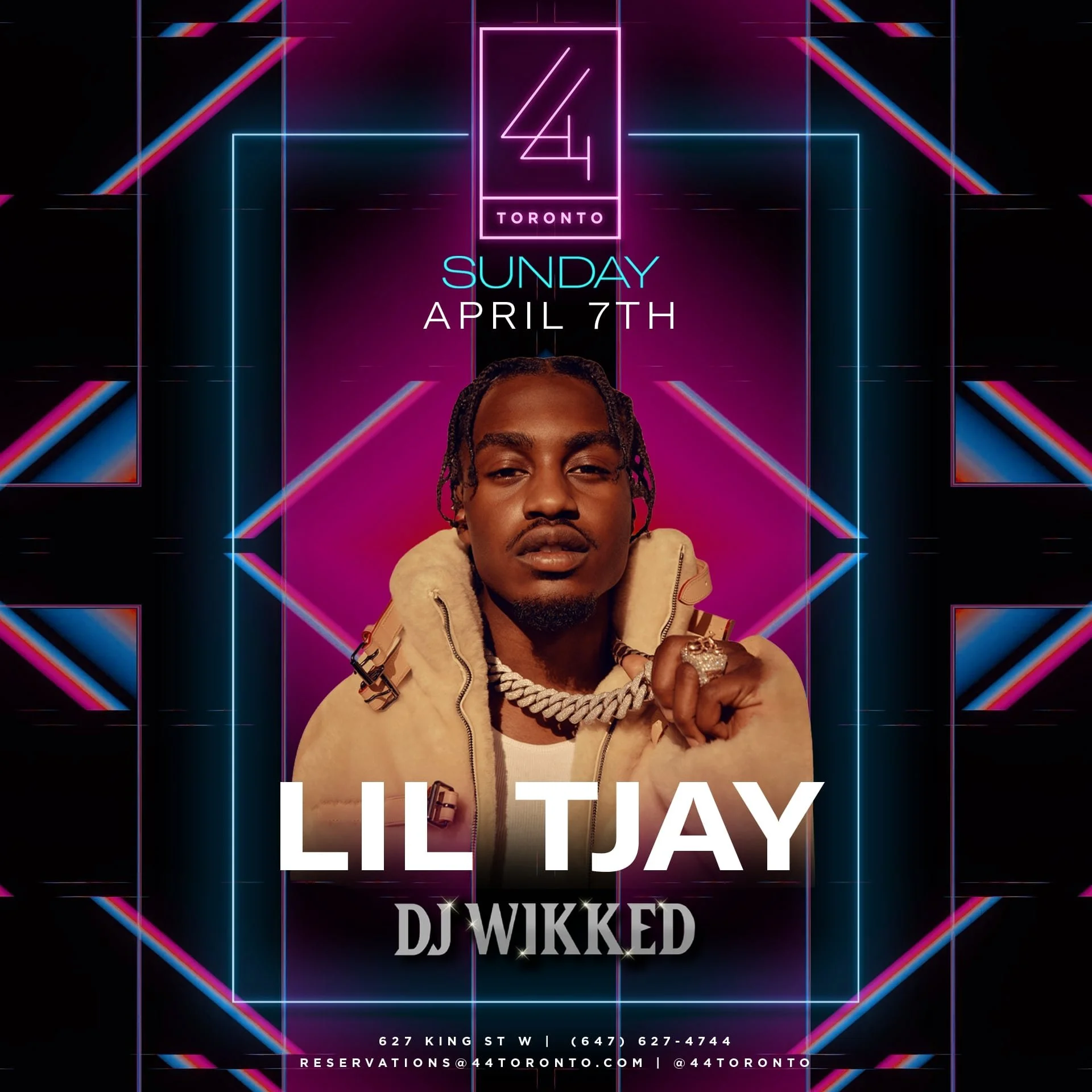 Event poster for a music event called 'Lit JAY', happening on Sunday, April 7th at 44 Toronto, featuring DJ Wikked. The poster has a neon, 80s-inspired design with geometric patterns and a partial image of a person with braided hair, holding a silver chain and wearing rings.