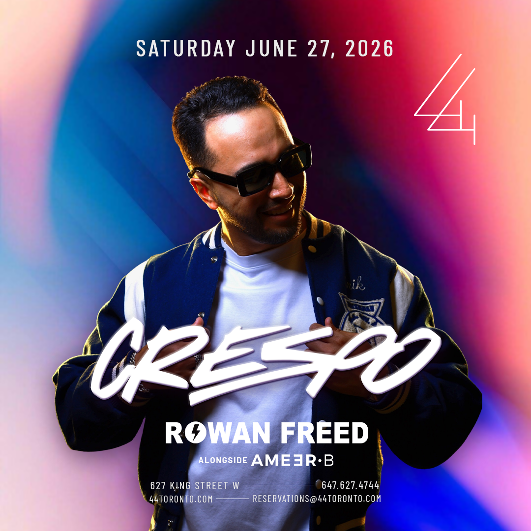 Event poster featuring a man wearing sunglasses and a jacket, with colorful background. Text includes date Saturday June 27, 2026, time 4:44, and details for a concert or event with Rowan Freed and Ameer B at 627 King Street W, Toronto, with contact and reservation information.