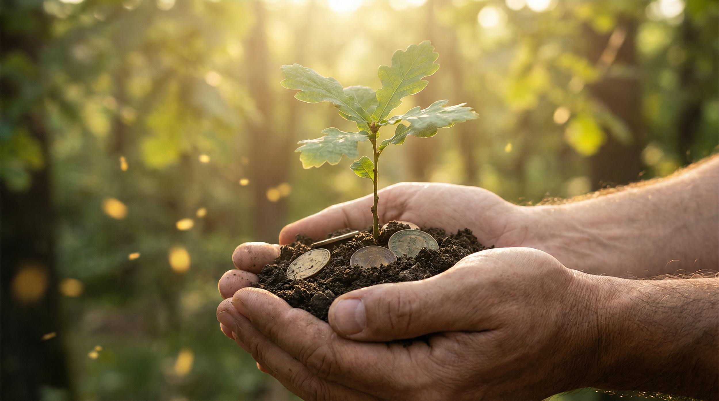 Hand holding soil with a small plant and coins in it, with sunlight filtering through a forest background.