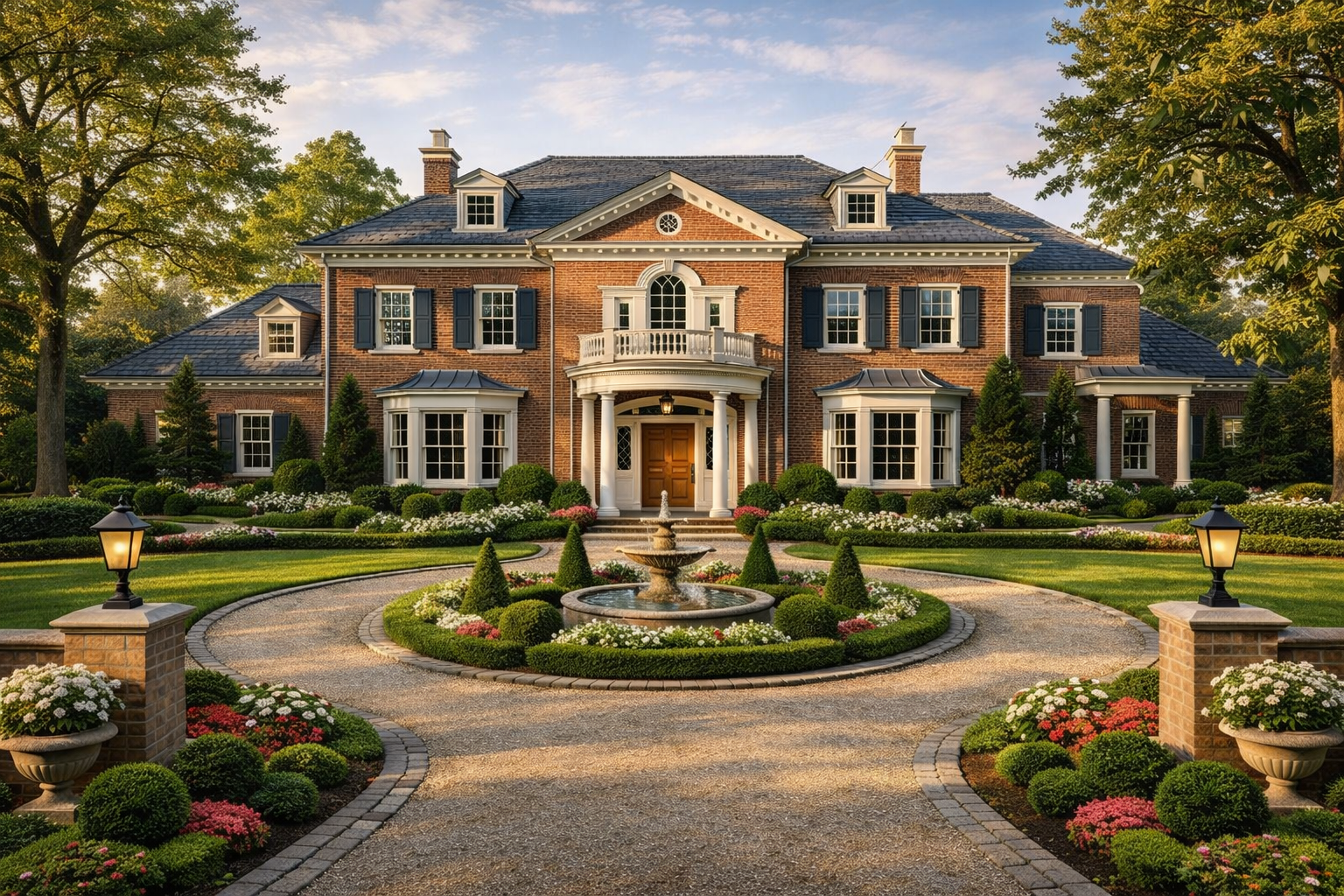 Elegant brick mansion with lush landscaping, a fountain in the front, and a gravel driveway, set in a verdant garden with trees and flowers.