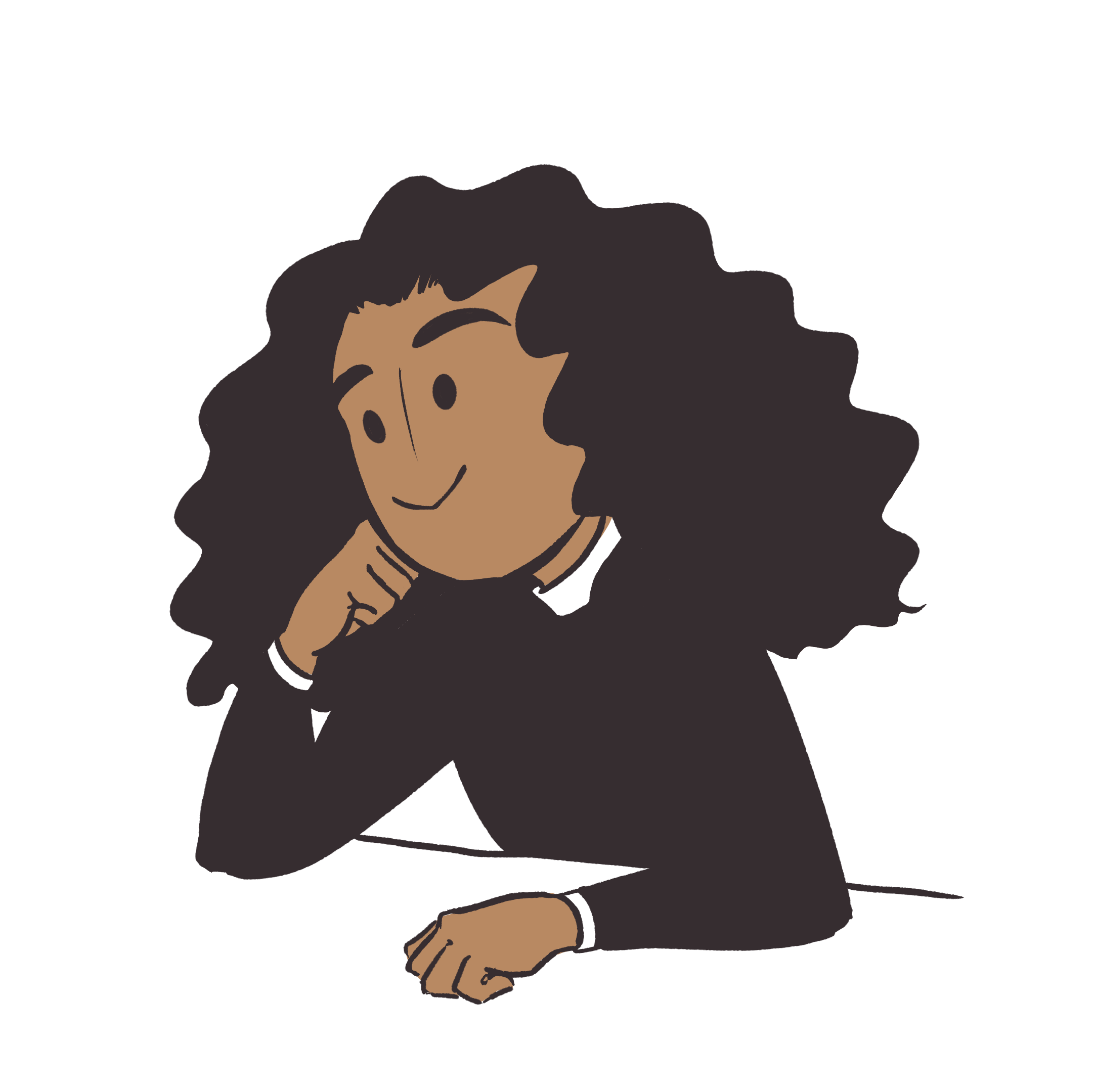 Une illustration d'une personne avec des cheveux bouclés, posant avec le menton appuyé sur une main et un sourire léger.