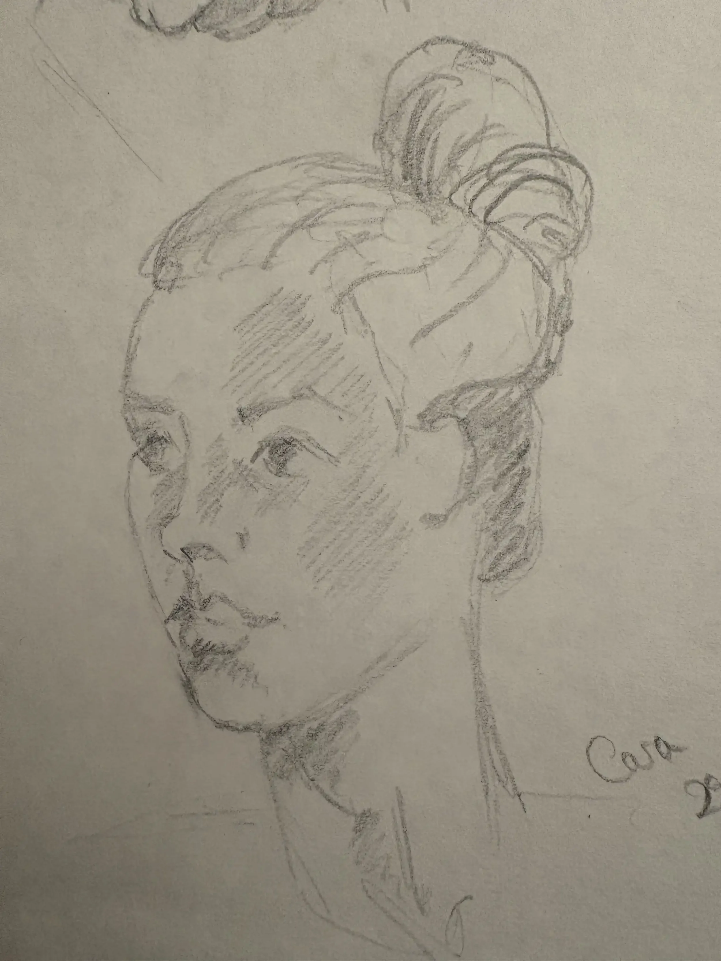 A pencil sketch of a young woman with her hair in a bun, looking to the side. The drawing has shading and details on her face. 
